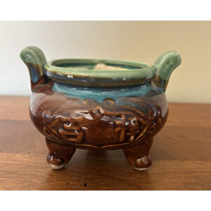 Vintage Ceramic Incense Burner Tripod Censer with Handles Altar Decor- 10"x7"